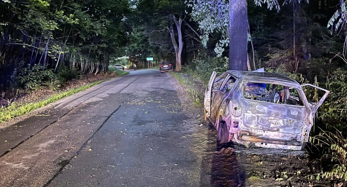 Wypadki, Horniki uderzeniu drzewo skoda stanęła płomieniach płonącego latka wyciągnął świadek zdarzenia - zdjęcie, fotografia