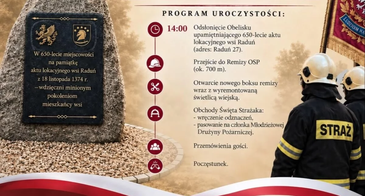 Zapowiedzi, Jubileusz lokacji Radunia Odsłonięcie obelisku Święto Strażaka - zdjęcie, fotografia